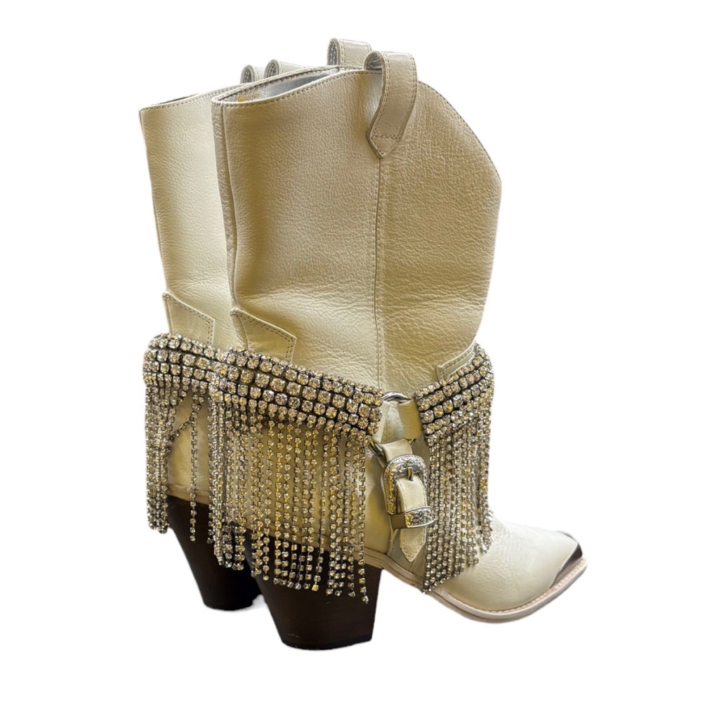 Daniel x Diamond High Noon Crystal-Harness White Western Heel Booties Shoe Wmns Sz 6 Boots