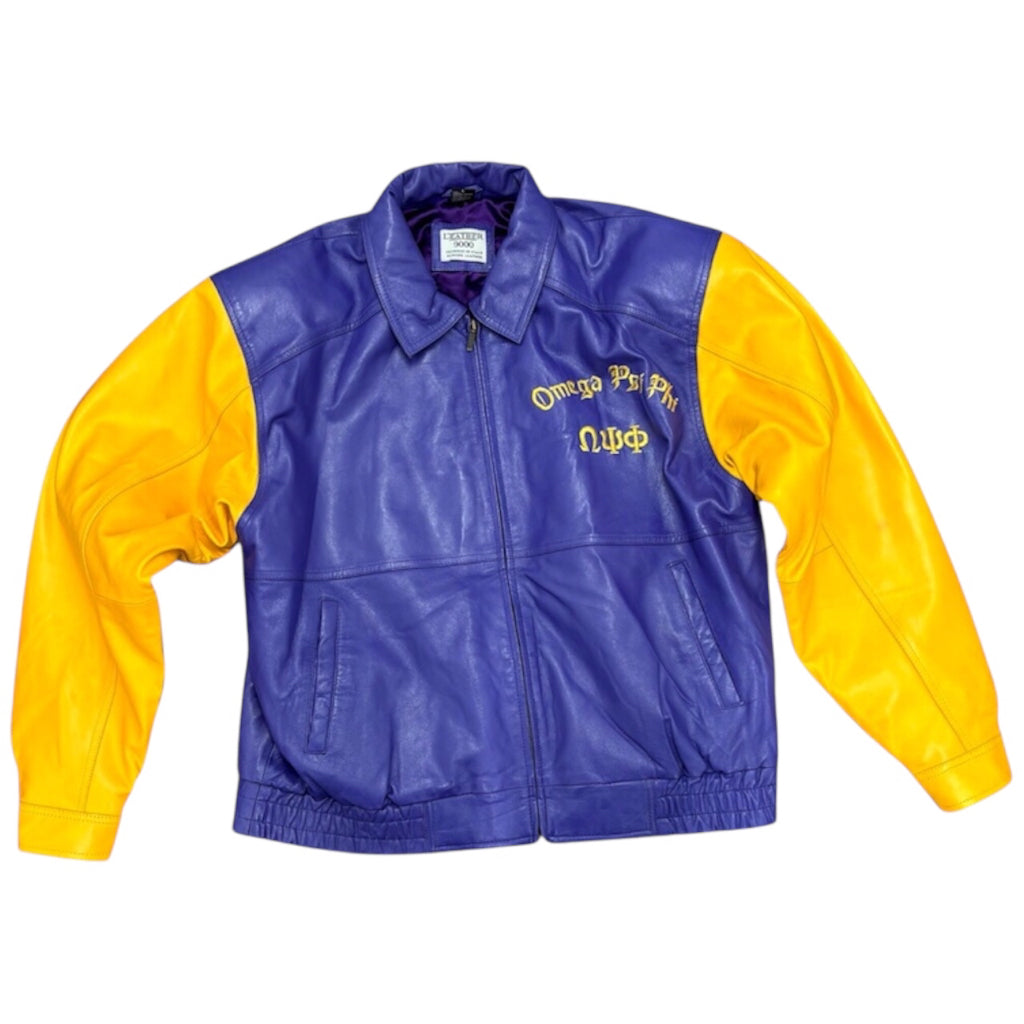 LEATHER 9000 Men's Omega Psi Phi Fraternity Leather Varsity Jacket Purple Gold D9 Sz L
