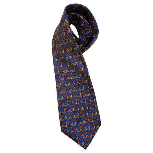 Vtg Burberry 100% Silk Navy Red Gold Pin Graphic Mns Tie