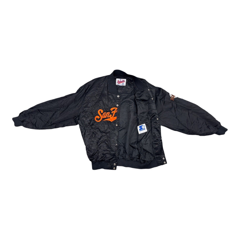 1990’s Authentic By Starter Black San Francisco Giants Orange Script Full-Snap Spellout Satin BomberJacket Sz XL