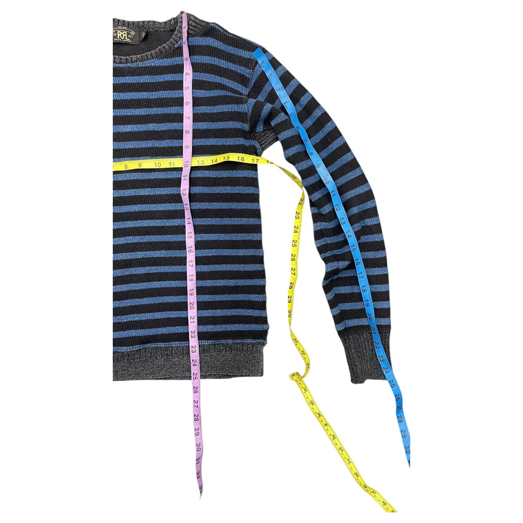 RRL Ralph Lauren Navy Blue and Black Knit Striped Distressed Sweater Men Sz M