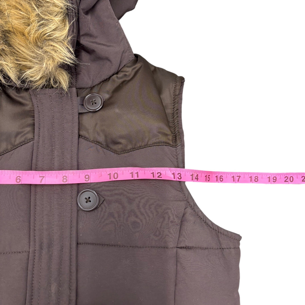 POLO JEANS COMPANY Womens Vintage Y2K Brown Fur Lined Hood Puffer Vest Sz XS