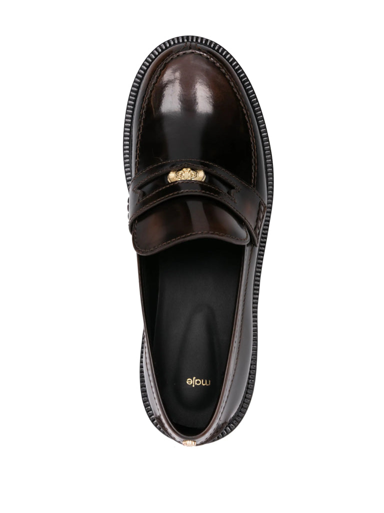 Maje Dark Brown Brushed Leather Penny Loafer w/ Clover Coin Medallion Sz 41