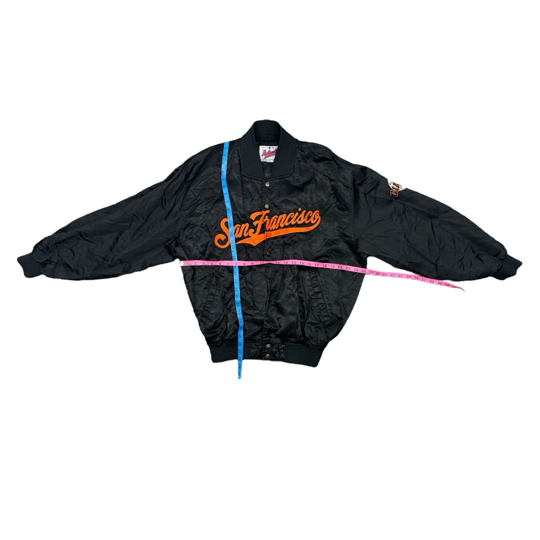 1990’s Authentic By Starter Black San Francisco Giants Orange Script Full-Snap Spellout Satin BomberJacket Sz XL