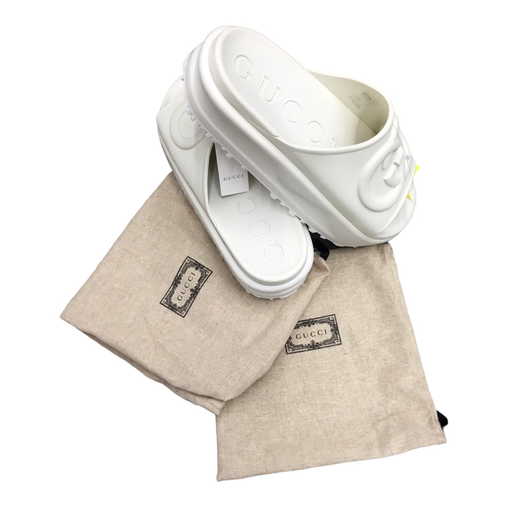 GUCCI Slide Slip On Sandals White Cream Ivory Sz 41 Logo Y2k Designer Slides NWB