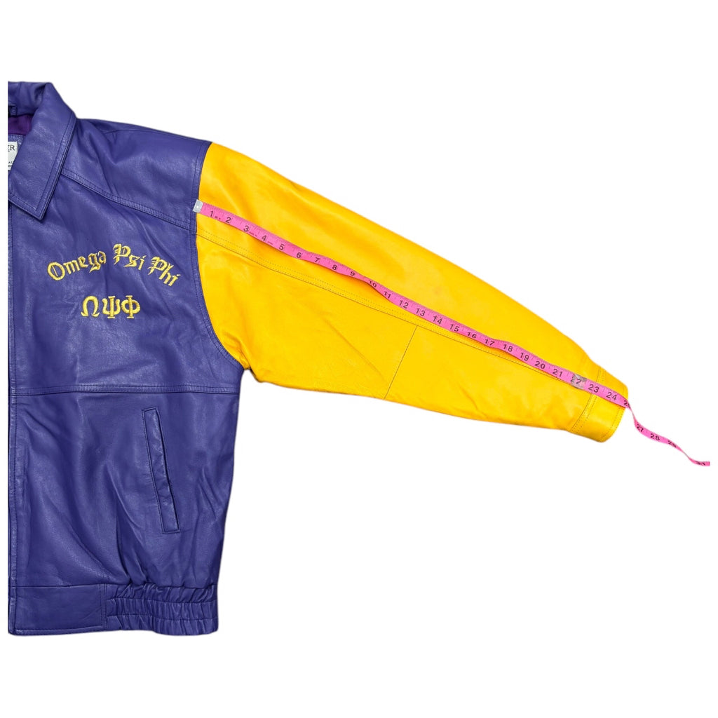 LEATHER 9000 Men's Omega Psi Phi Fraternity Leather Varsity Jacket Purple Gold D9 Sz L