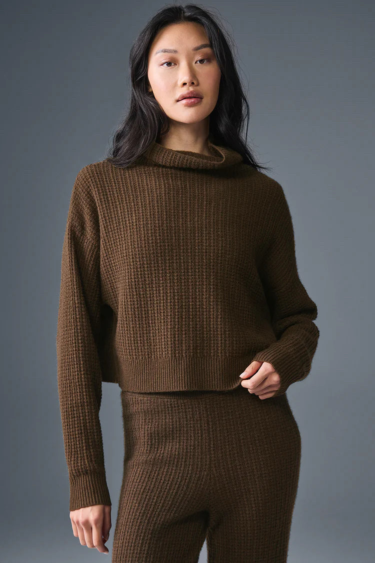 NWT ALO Yoga Womens Cashmere Plush Waffle Cropped Long Sleeve Pullover Turtlneck sz M Espresso Brown