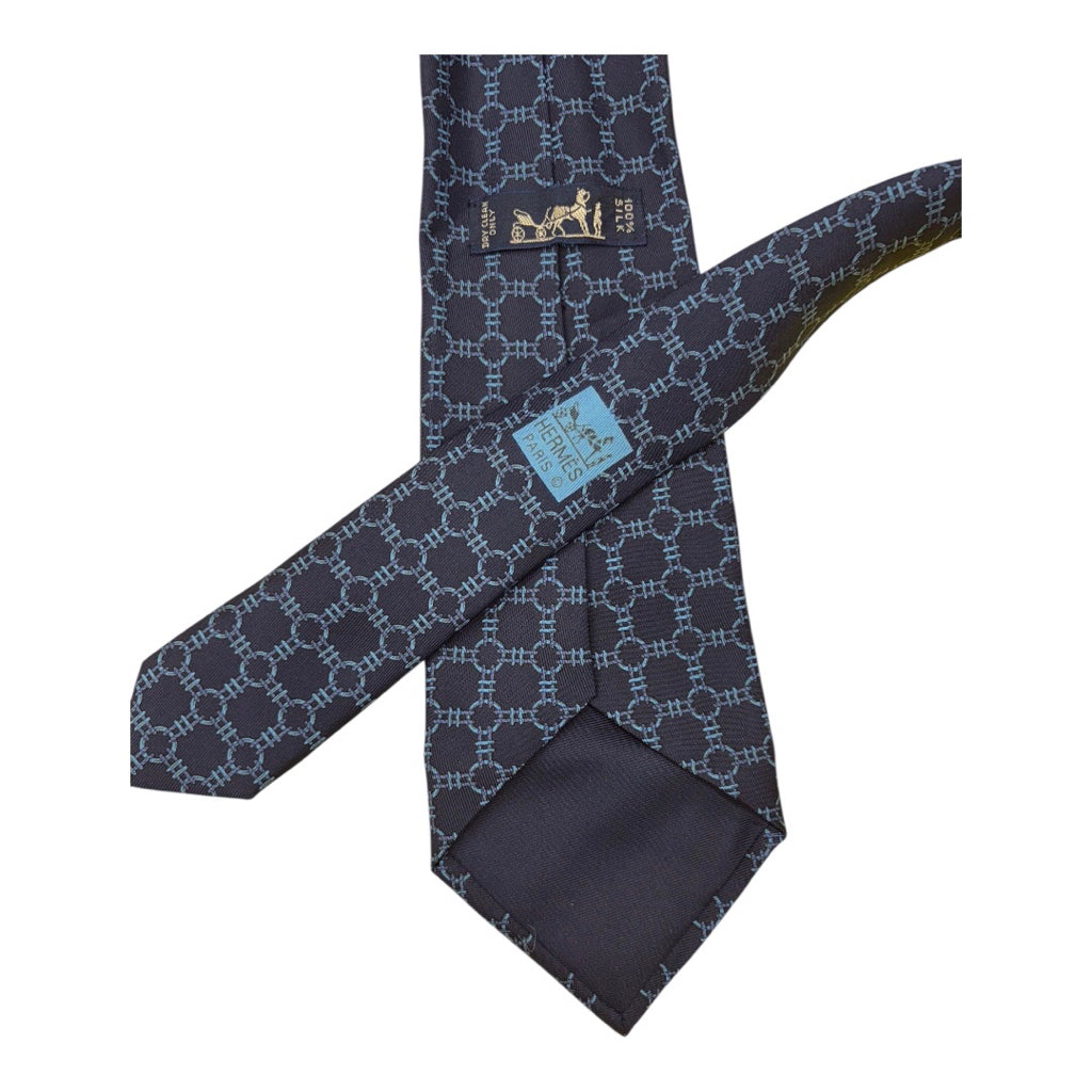 Hermes Navy 100% Silk Blue Circle Chain Print Mns Tie