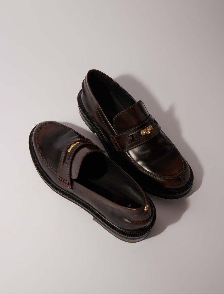 Maje Dark Brown Brushed Leather Penny Loafer w/ Clover Coin Medallion Sz 41