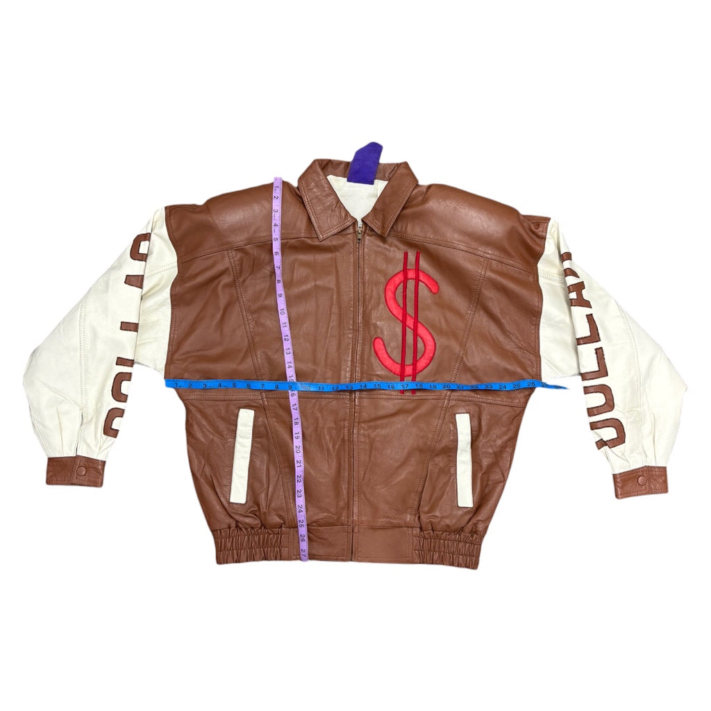 LEATHER 9000 Men's Leather Varsity Jacket Money Bag Dollar Brown Cream Sz M