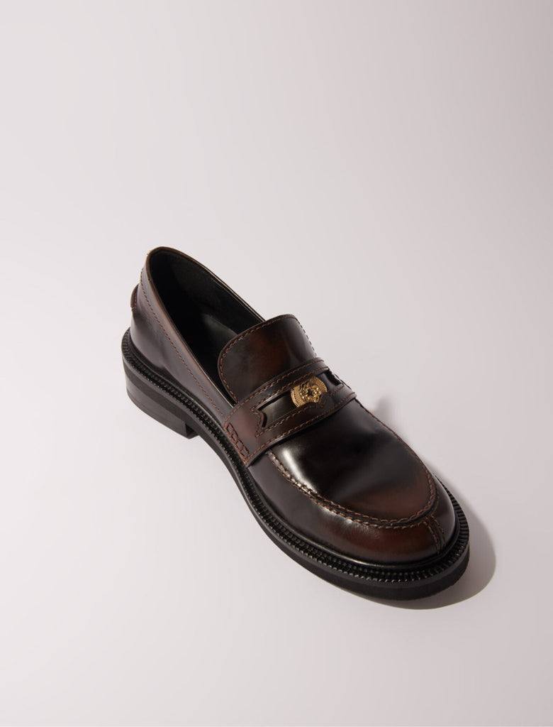 Maje Dark Brown Brushed Leather Penny Loafer w/ Clover Coin Medallion Sz 41