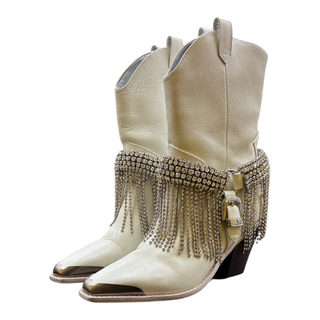 Daniel x Diamond High Noon Crystal-Harness White Western Heel Booties Shoe Wmns Sz 6 Boots
