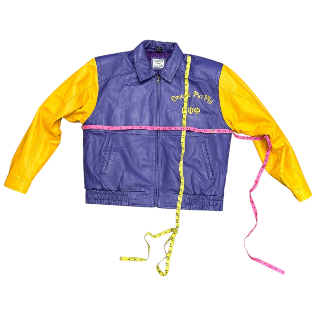 LEATHER 9000 Men's Omega Psi Phi Fraternity Leather Varsity Jacket Purple Gold D9 Sz L