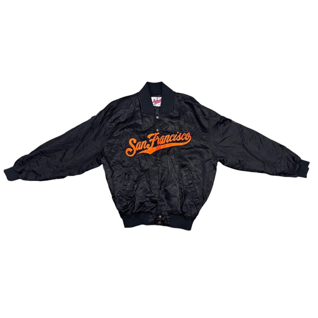 1990’s Authentic By Starter Black San Francisco Giants Orange Script Full-Snap Spellout Satin BomberJacket Sz XL