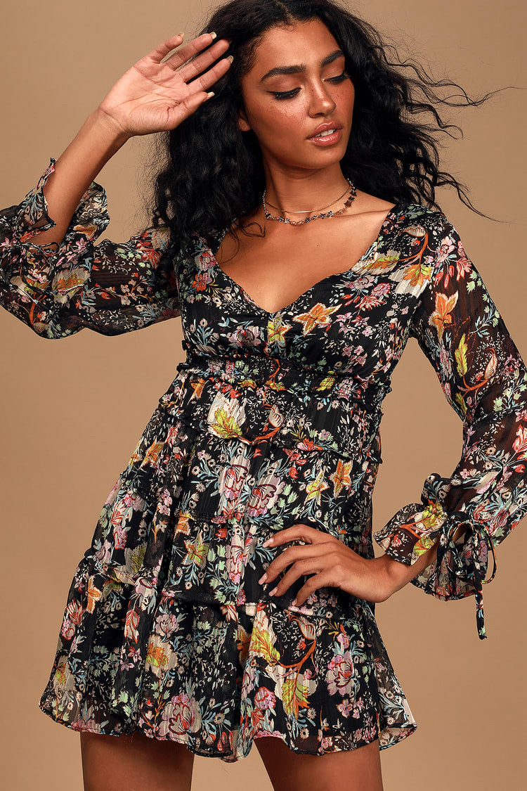 NWT Free People Closer to the Heart Black Floral Ruffled Tiered Mini Dress Sz XS