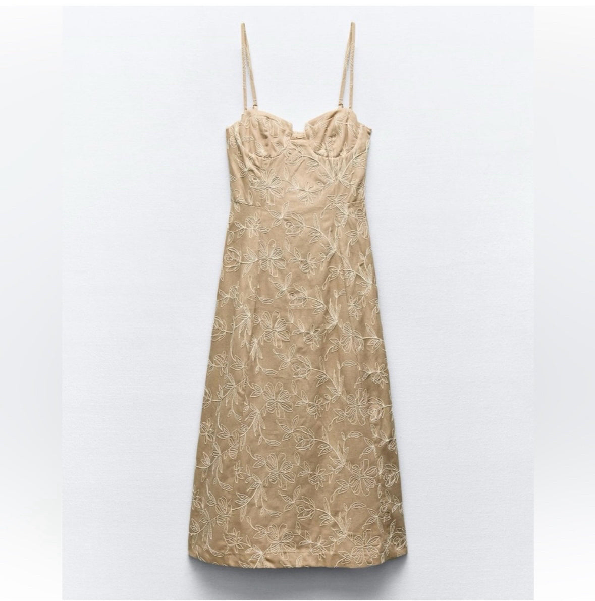 NWT Zara SS24 Embroidered Floral Midi Dress Ecru/Beige Wmns Sz M 3447/682