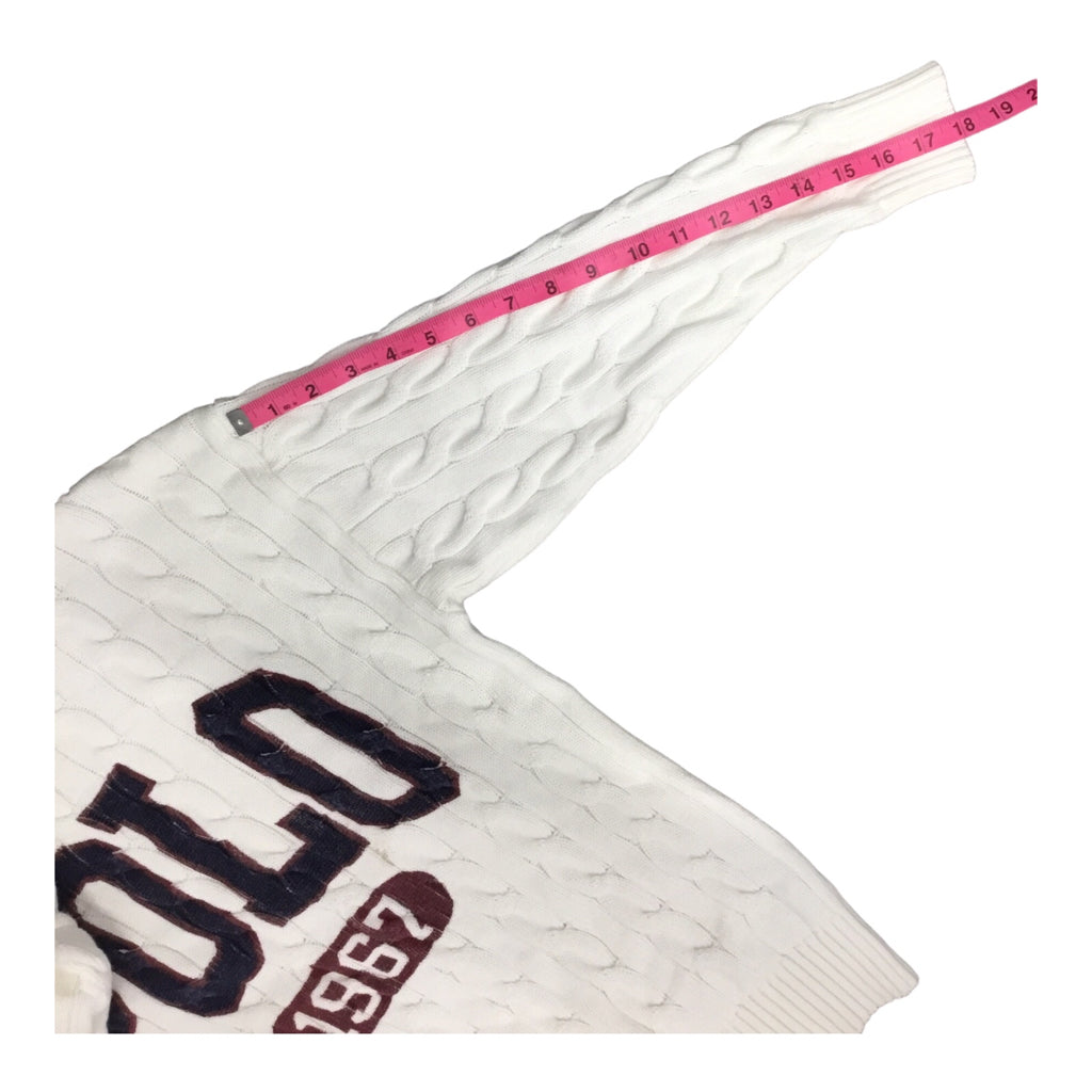 POLO RALPH LAUREN Classic Cable Knit White Navy Red Pullover Crewneck M Tennis Golf