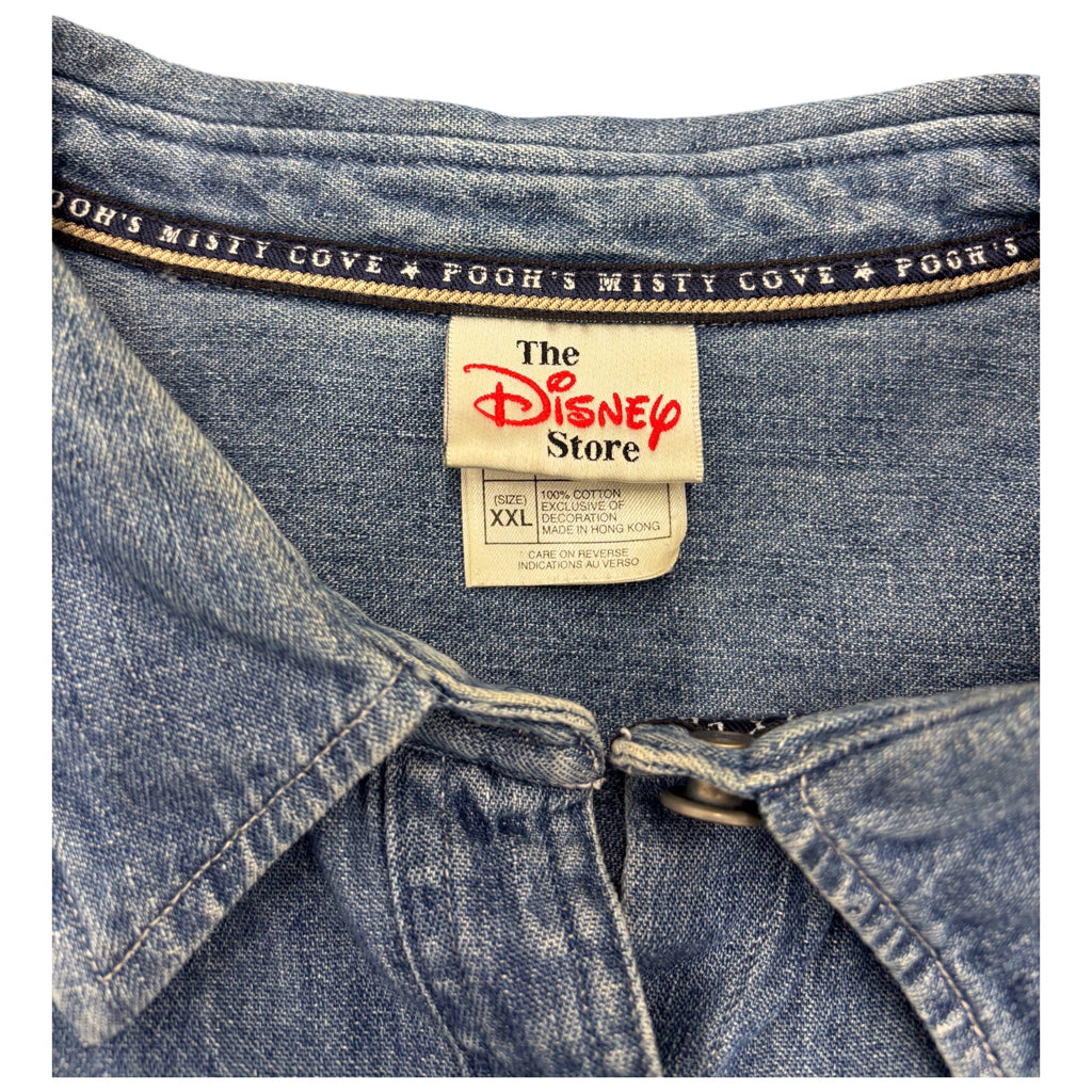DISNEY Mens Vintage Y2k Embroidered Winnie the Pooh Blue Denim Long Sleeve Button Sz XXL