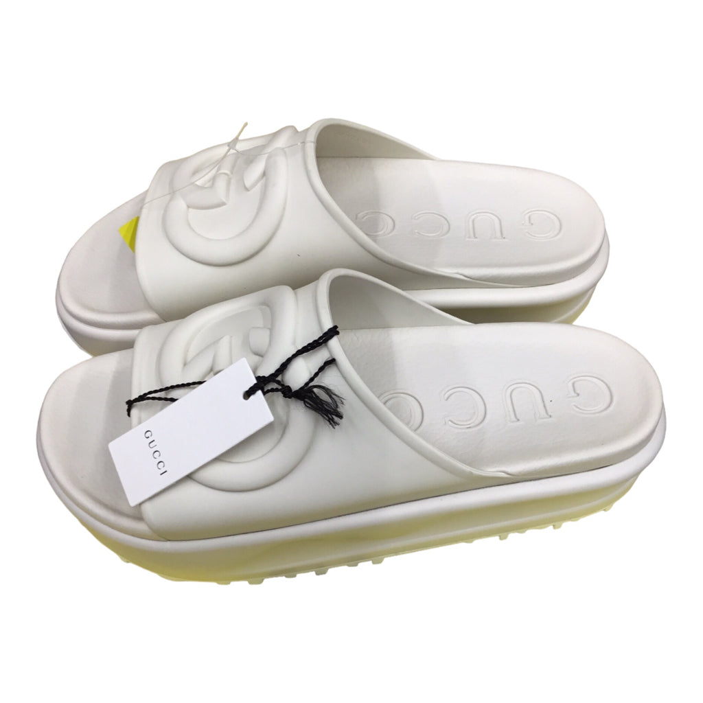 GUCCI Slide Slip On Sandals White Cream Ivory Sz 41 Logo Y2k Designer Slides NWB