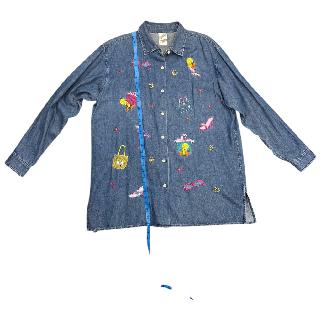 WARNER BROS. Womens Vintage Y2k Embroidered Looney Toons Tweety Blue Button Sz L