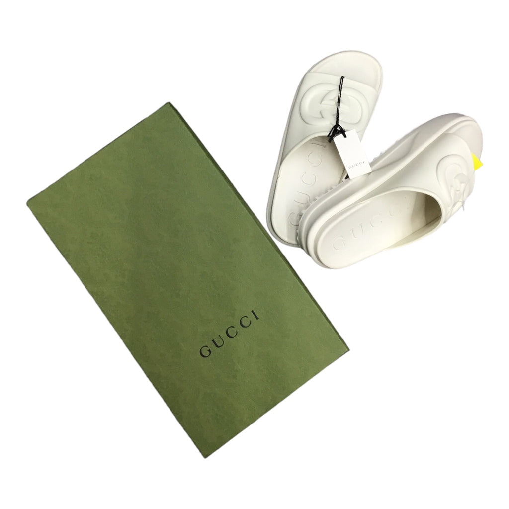 GUCCI Slide Slip On Sandals White Cream Ivory Sz 41 Logo Y2k Designer Slides NWB