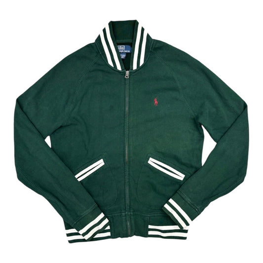 VTG Polo Ralph Lauren College Green Jersey Knit Varsity Zip Up Jacket Mns Sz S