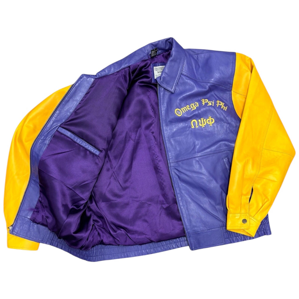 LEATHER 9000 Men's Omega Psi Phi Fraternity Leather Varsity Jacket Purple Gold D9 Sz L