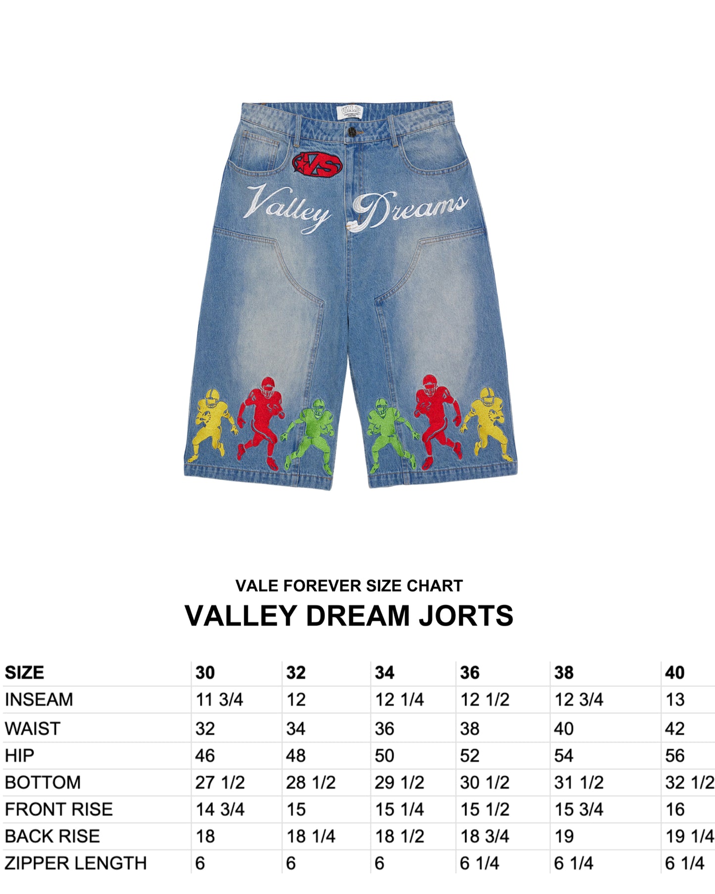 VALE FOREVER VALLEY DREAM FOOTBALL BLUE DENIM MEN JORTS SZ 32