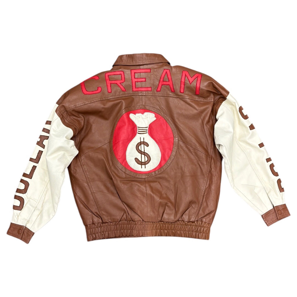 LEATHER 9000 Men's Leather Varsity Jacket Money Bag Dollar Brown Cream Sz M