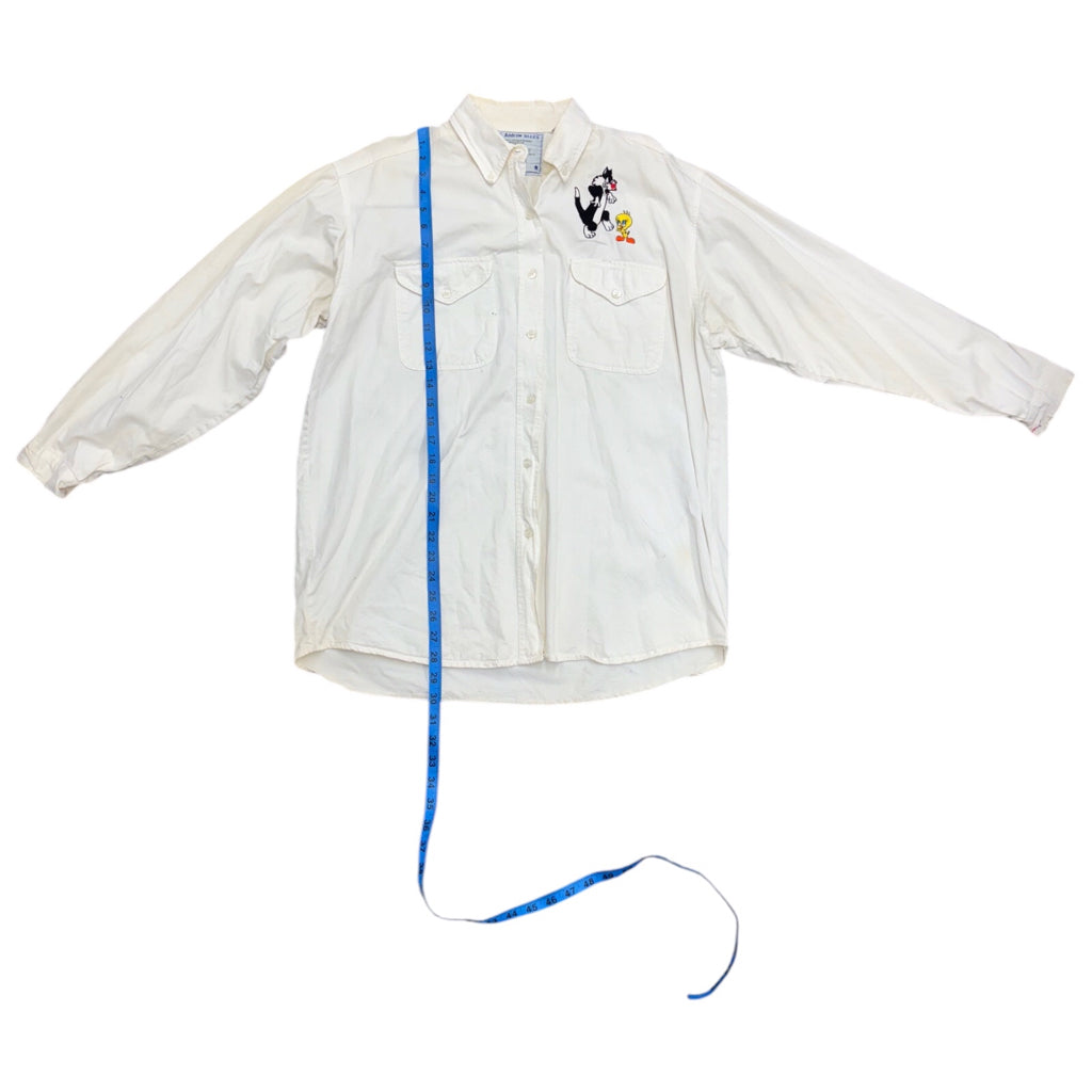ANDREW BLUES Mens Y2k Vintage Tweety and Sylvester Embroidery White Long Sleeve Button Sz L