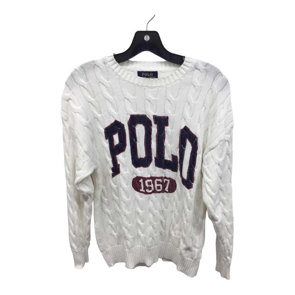 POLO RALPH LAUREN Classic Cable Knit White Navy Red Pullover Crewneck M Tennis Golf