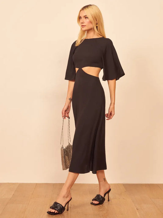 NWT Reformation Benny Cutout Midi Black Dress Wmns Sz 4 Flared Skirt