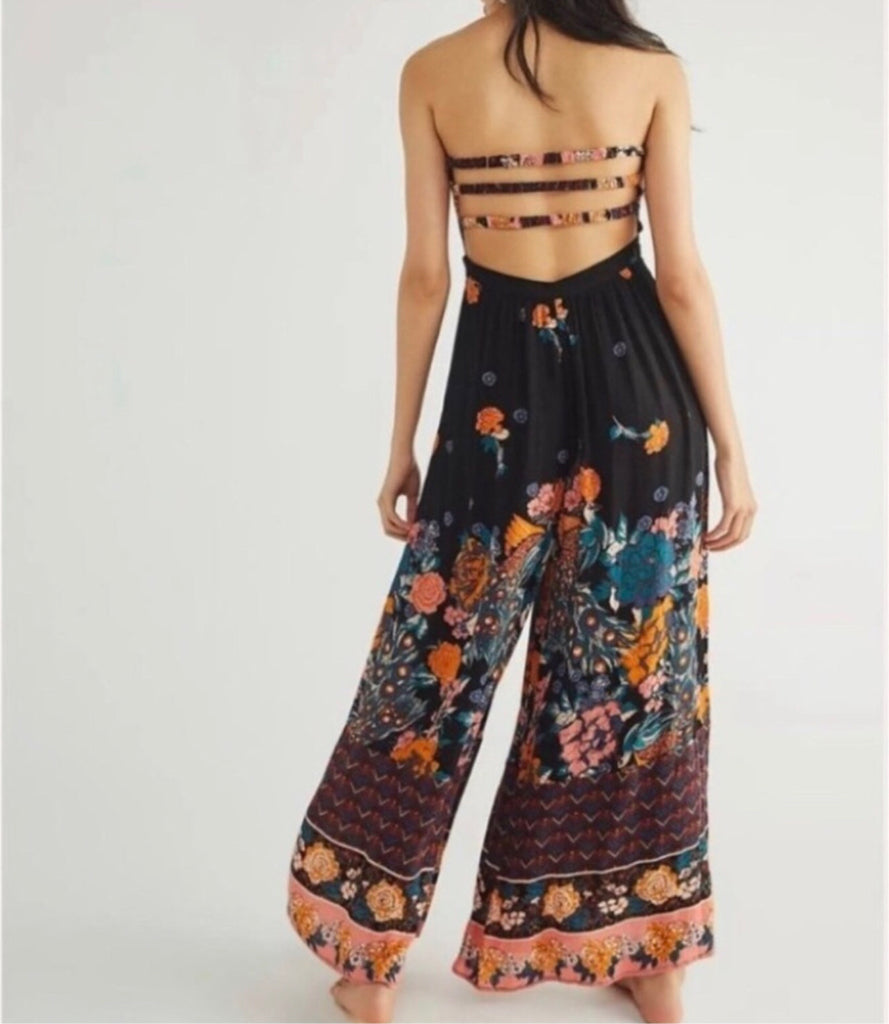 NWT Free People Bali Birds of Paradise Strapless Jumpsuit Black Motif Wms Sz M