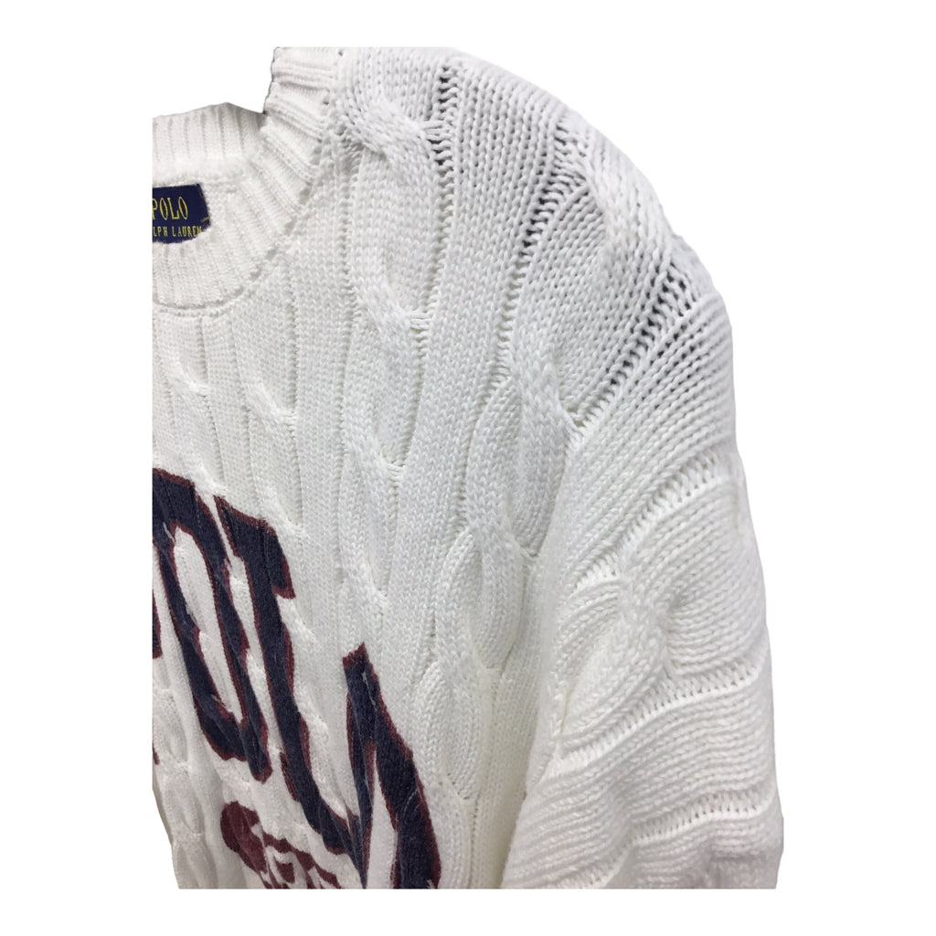 POLO RALPH LAUREN Classic Cable Knit White Navy Red Pullover Crewneck M Tennis Golf