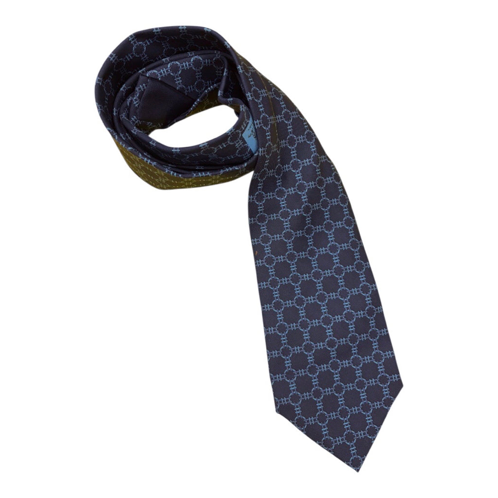 Hermes Navy 100% Silk Blue Circle Chain Print Mns Tie