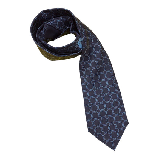 Hermes Navy 100% Silk Blue Circle Chain Print Mns Tie