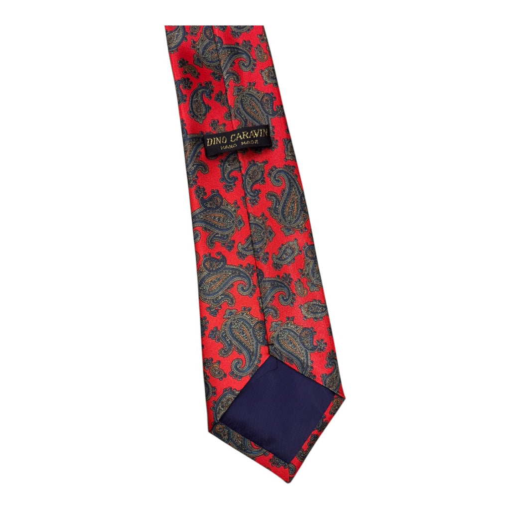 Vtg Dino Caravin Red Satin Blue Green Paisley Print Mns Tie