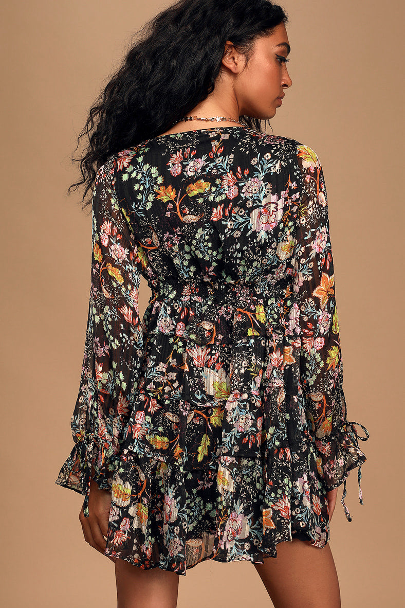 NWT Free People Closer to the Heart Black Floral Ruffled Tiered Mini Dress Sz XS