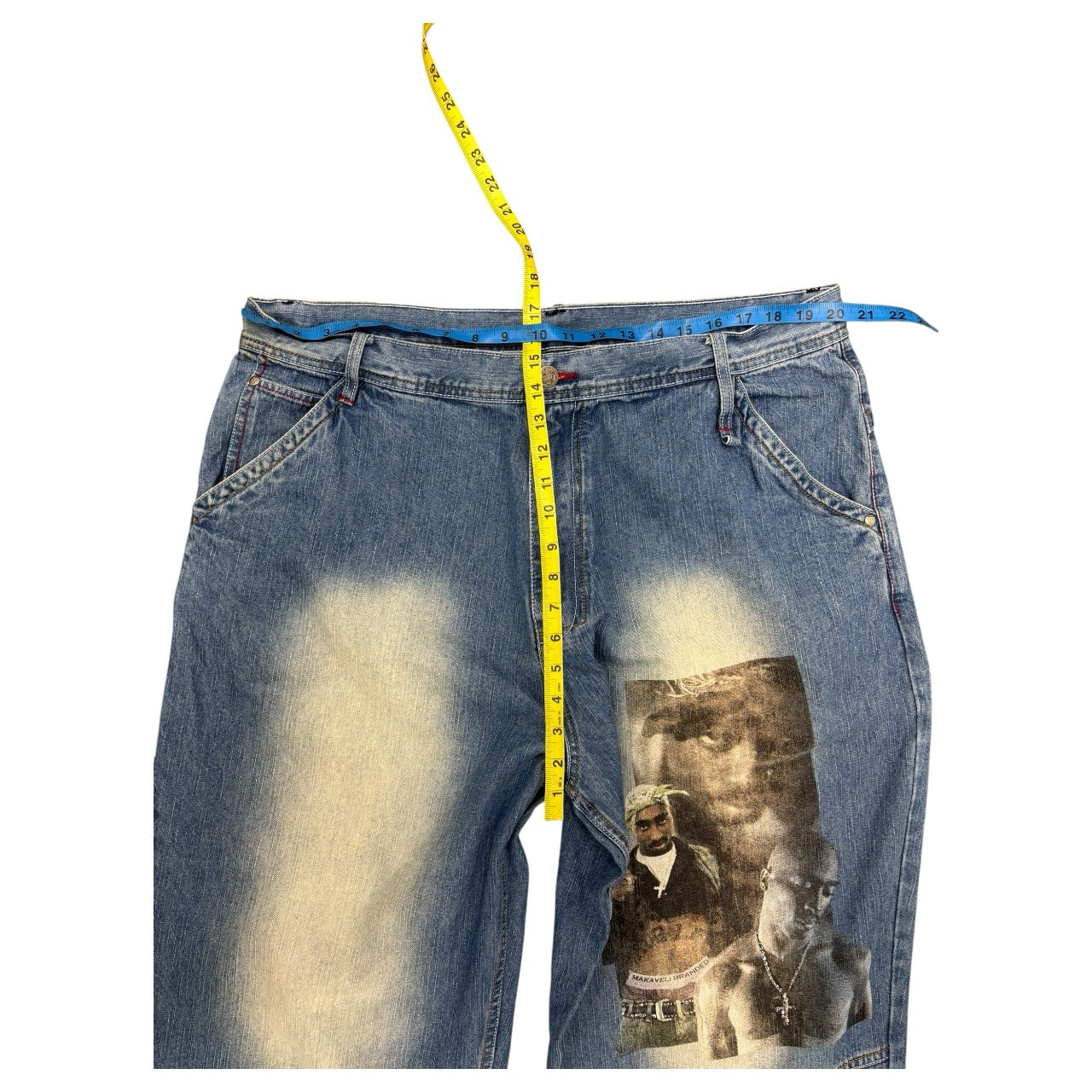 Y2K Rare Makaveli JNCO-Like Tupac Graphic Medium Wash Blue Jeans Sz 42x34