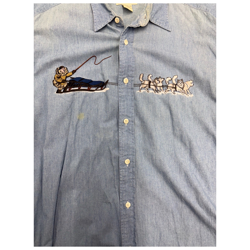 BANANA REPUBLIC Safari Mens Vintage Y2K Embroidery Blue Denim Long Sleeve Button Sz L
