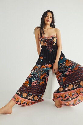 NWT Free People Bali Birds of Paradise Strapless Jumpsuit Black Motif Wms Sz M