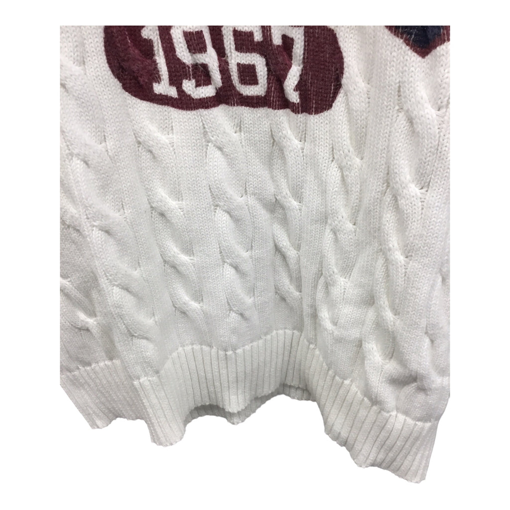 POLO RALPH LAUREN Classic Cable Knit White Navy Red Pullover Crewneck M Tennis Golf
