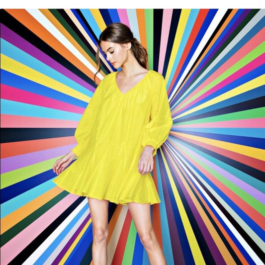 NWT Alice + Olivia Tallie Deep V Mini Box Pleated Dress In Sunbeam Wmns Sz S