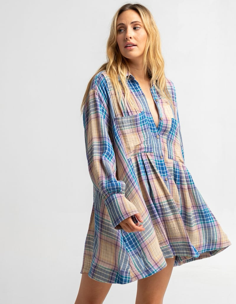 free people plaid shirt dress Free People Plaid Shirt Dress Belted Button Down Flare Sleeve Size 4 Black White