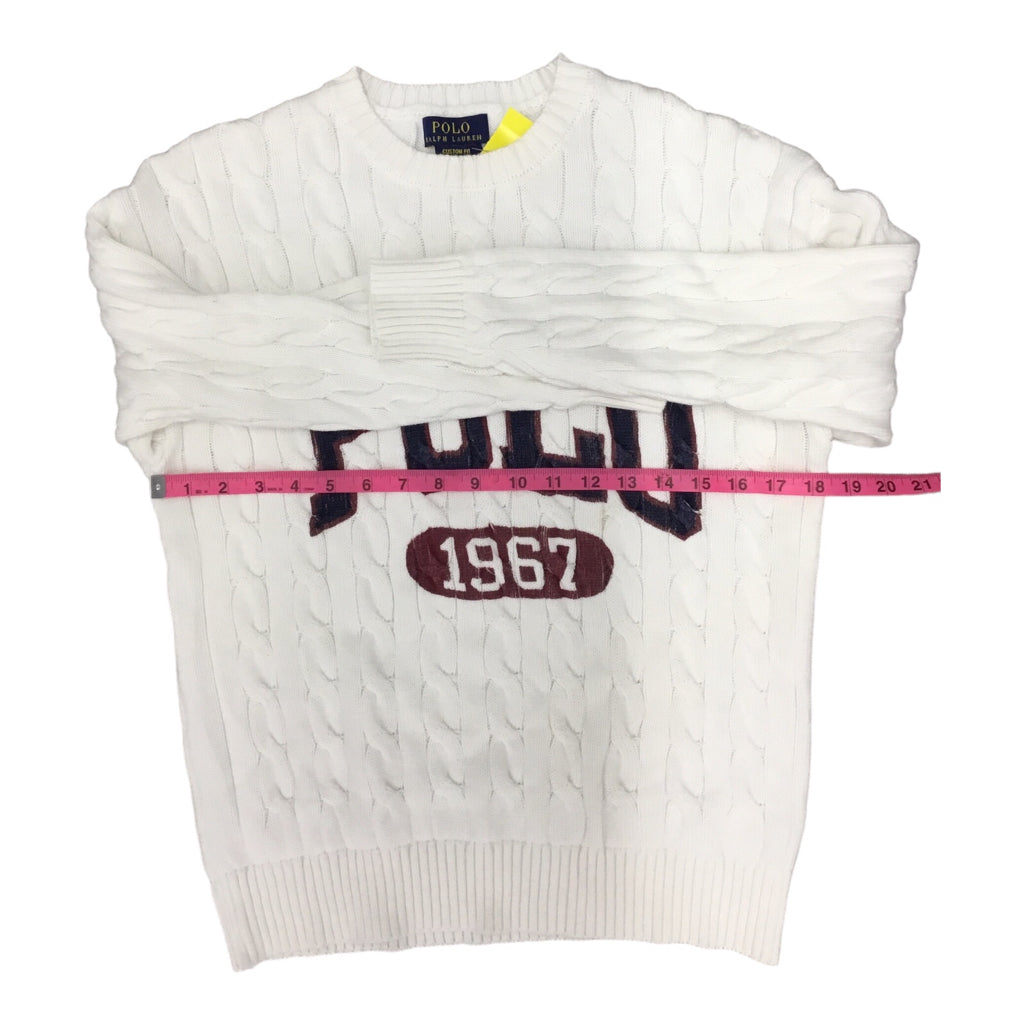 POLO RALPH LAUREN Classic Cable Knit White Navy Red Pullover Crewneck M Tennis Golf