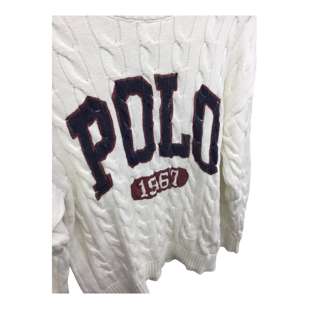POLO RALPH LAUREN Classic Cable Knit White Navy Red Pullover Crewneck M Tennis Golf