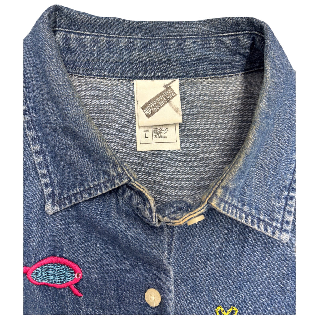 WARNER BROS. Womens Vintage Y2k Embroidered Looney Toons Tweety Blue Button Sz L