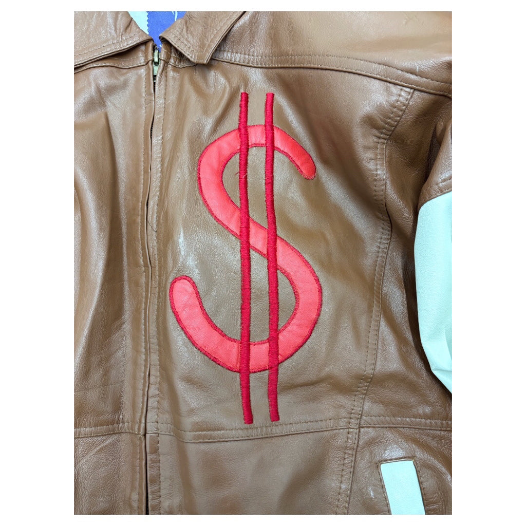 LEATHER 9000 Men's Leather Varsity Jacket Money Bag Dollar Brown Cream Sz M