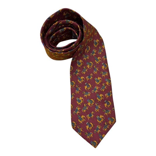 Vtg Handmade Burberry 100% Silk Burgundy Elephant Horse Design Mns Tie