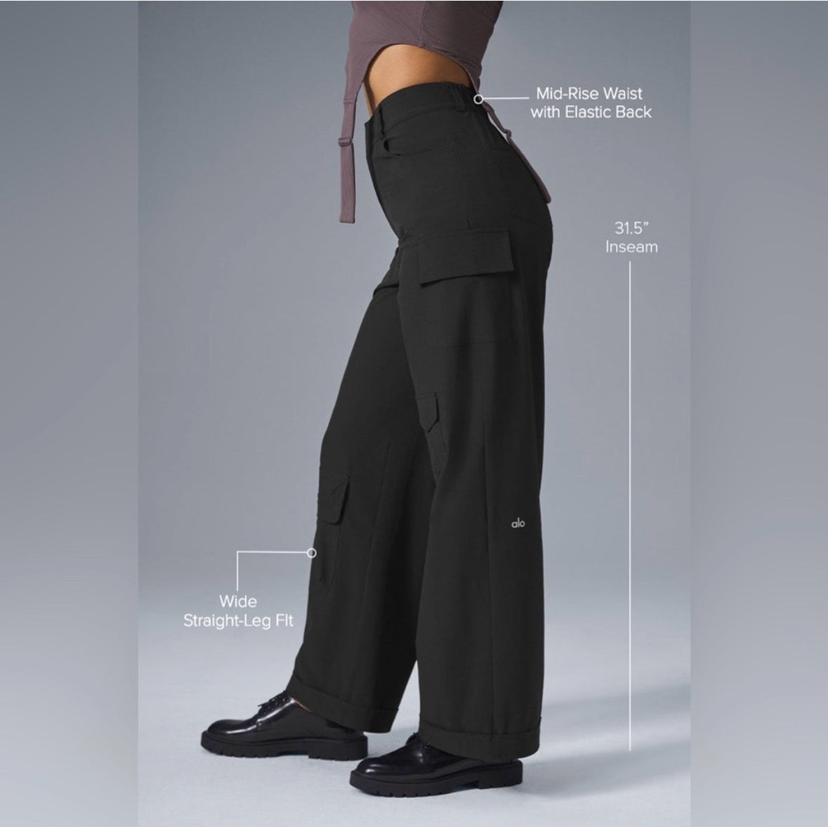 NWT Alo Yoga Mid Rise Workwear Black Cargo Womens Pants Sz M